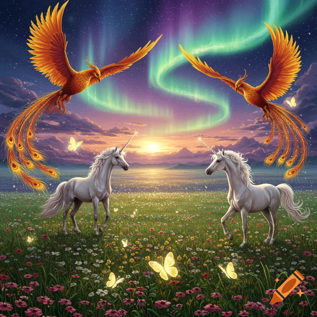 two unicorns and two phoenixes in a meadow with glowing butterflies under an aurora sky.