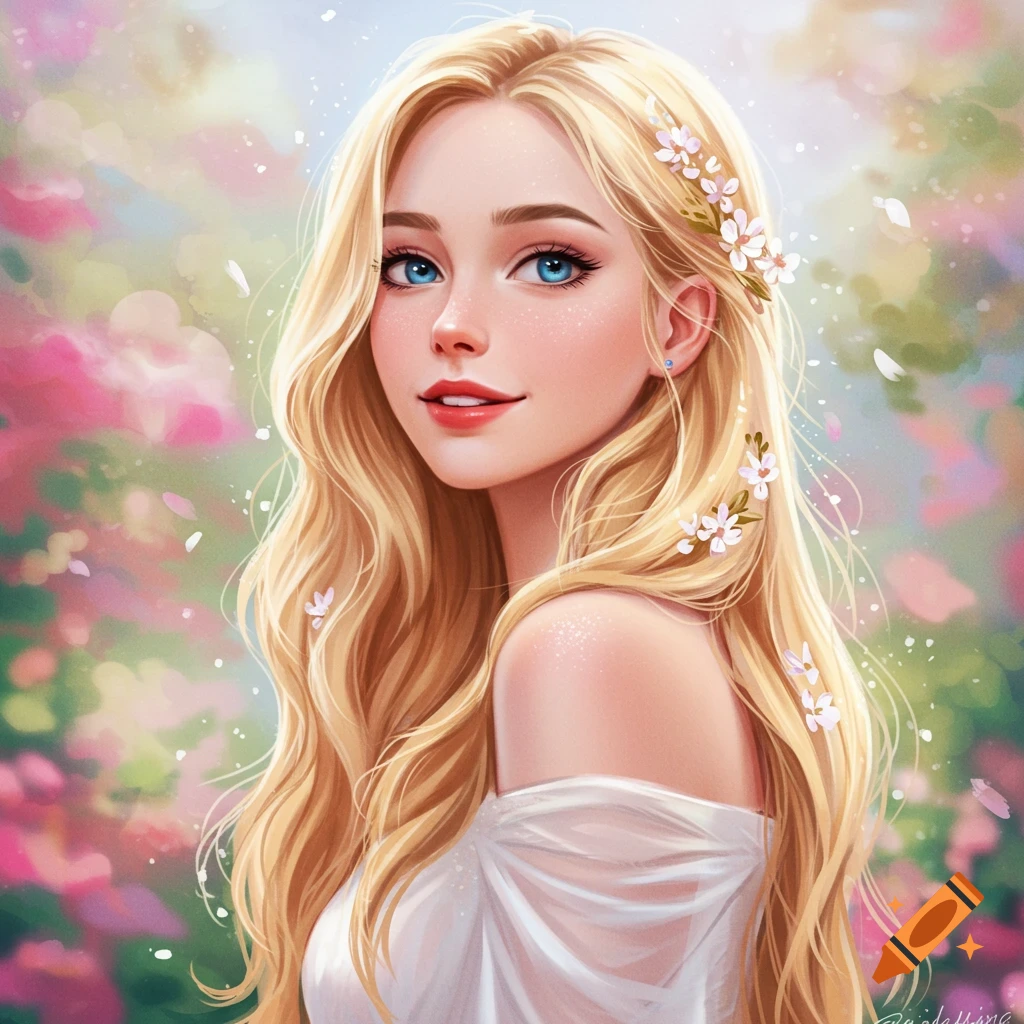 Portrait of a blonde woman with blue eyes and flowers in her hair against a floral background.