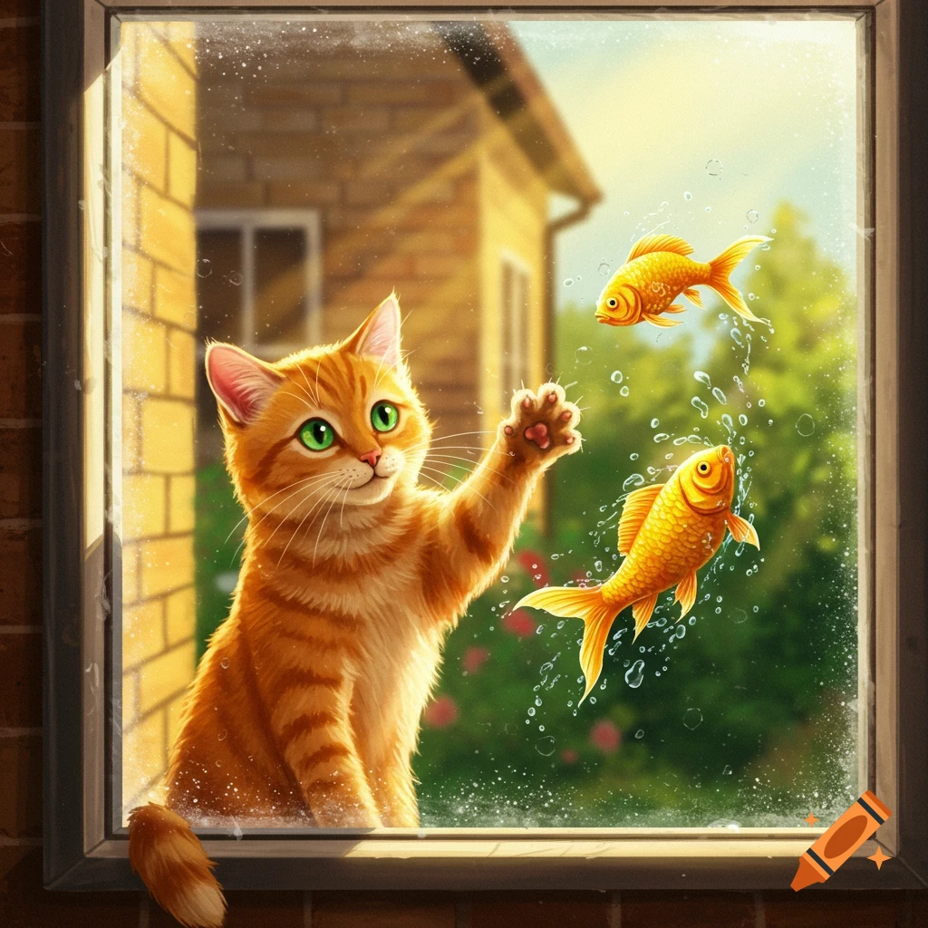An orange cat looks out a window at two goldfish flying outside.