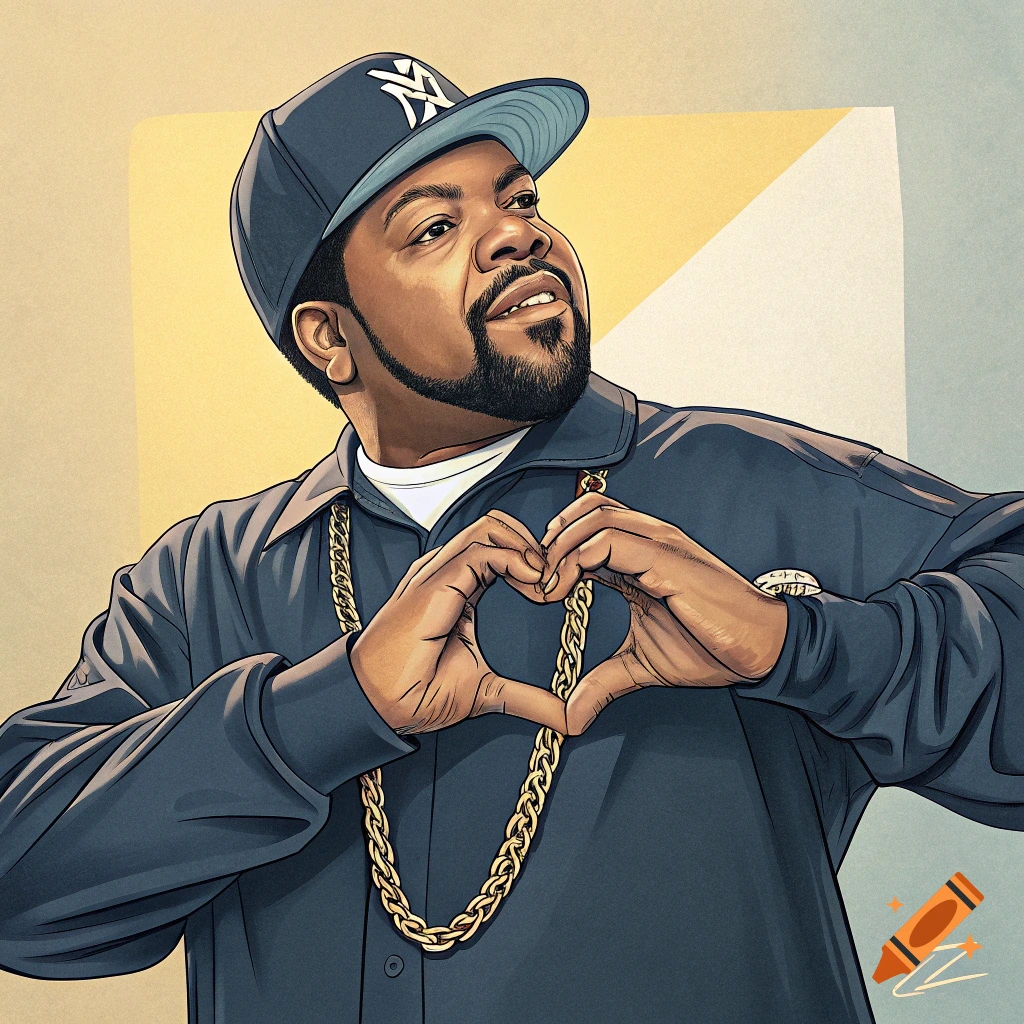 Illustration of rapper Ice Cube making a heart shape with his hands, wearing a cap and gold chain.