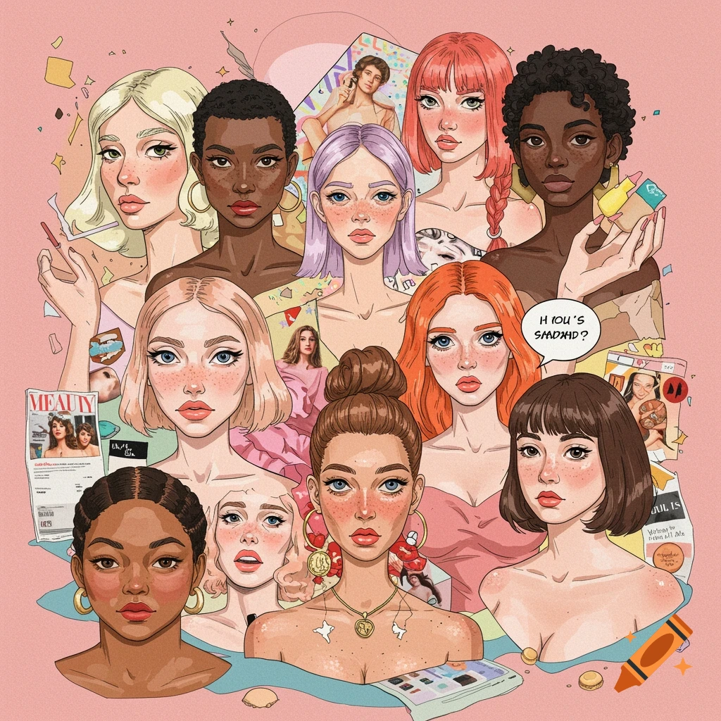 Illustration of diverse women's portraits surrounded by magazines and surreal elements
