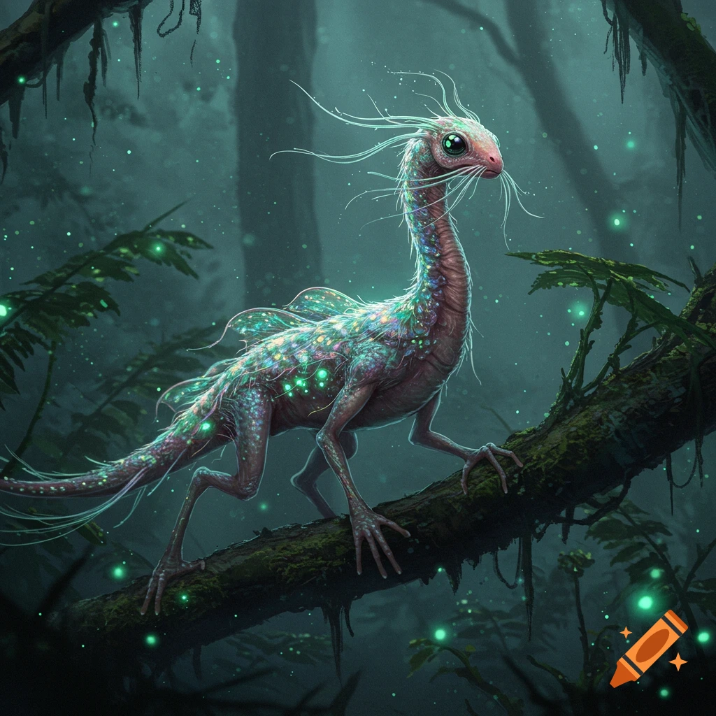 A glowing, slender fantasy creature with long legs and iridescent scales perches on a mossy branch in a dark, misty forest.