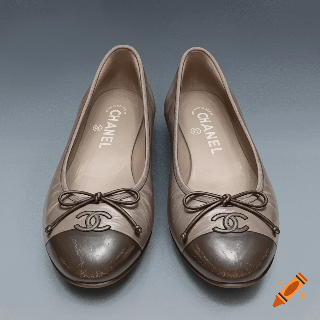 Two beige and brown Chanel ballet flats on a gray background.