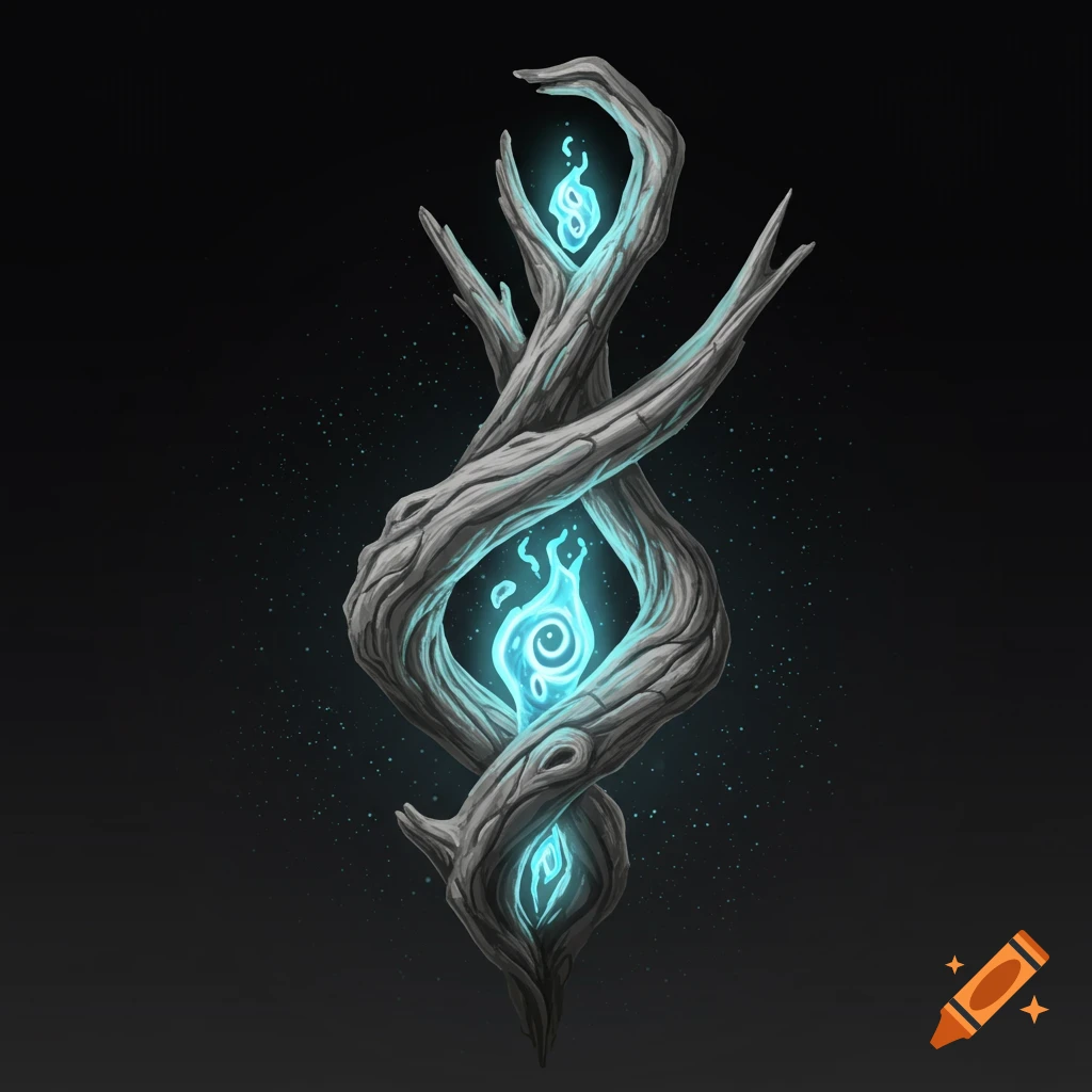 Twisted ancient wood holds glowing blue spectral energy with swirl patterns.
