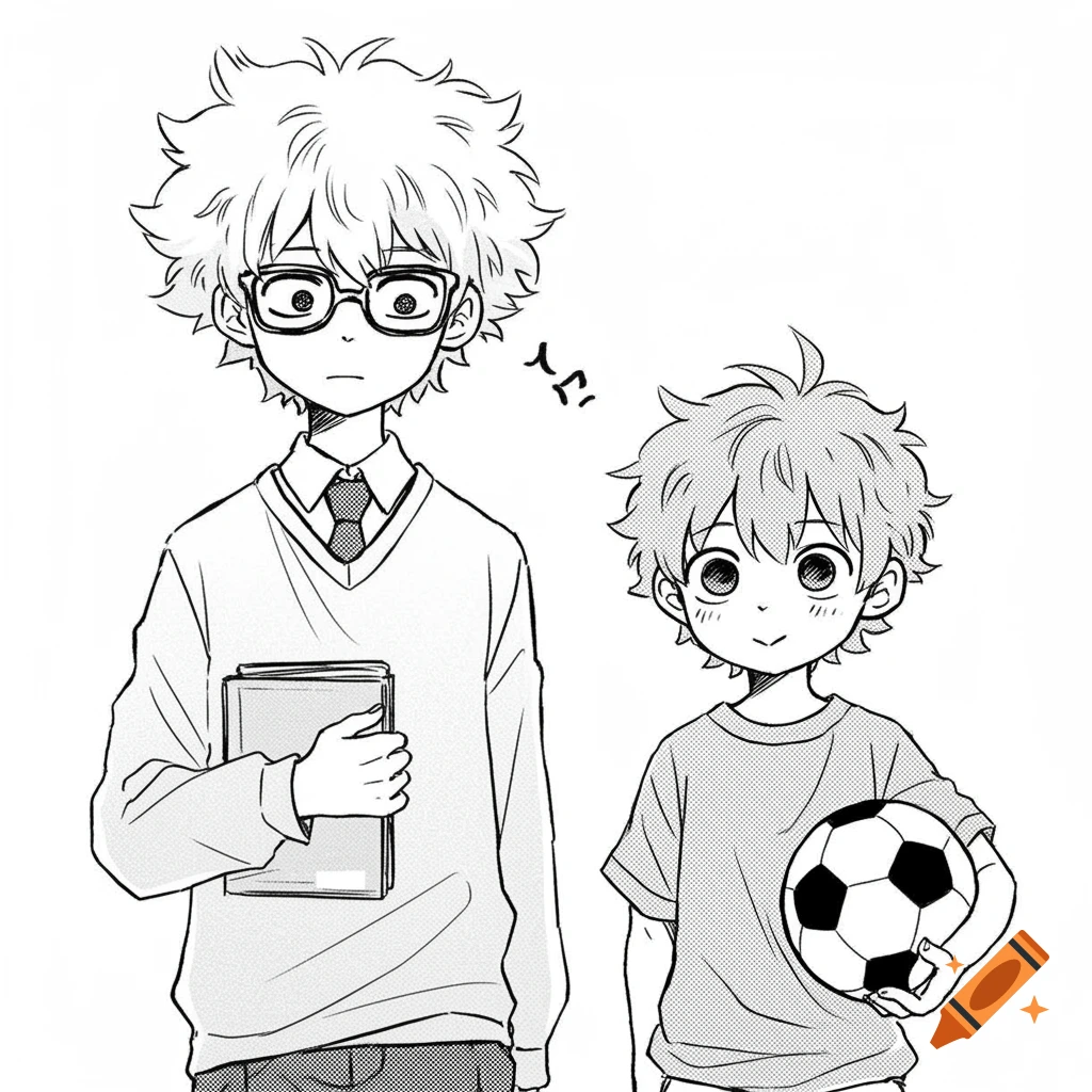 Manga style drawing of a tall nerdy boy with a book and a short boy with a soccer ball.
