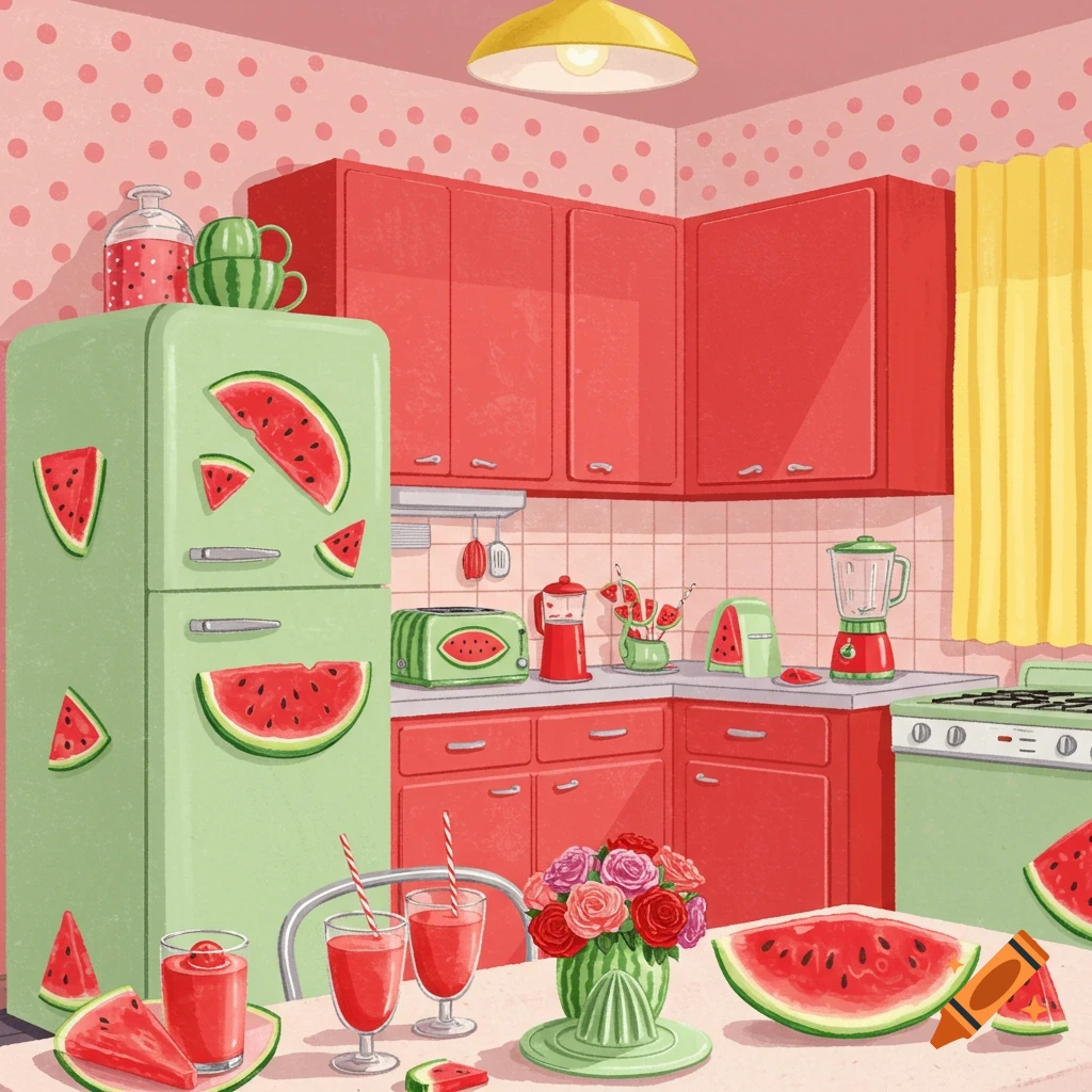 A 1950s watermelon themed kitchen