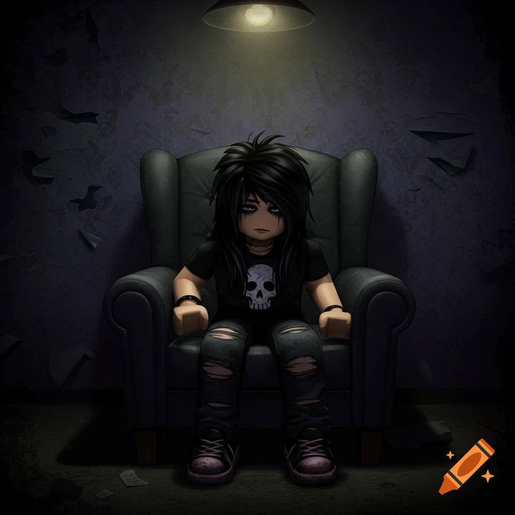 A person with black hair and a skull shirt sitting in a chair in a dark room.