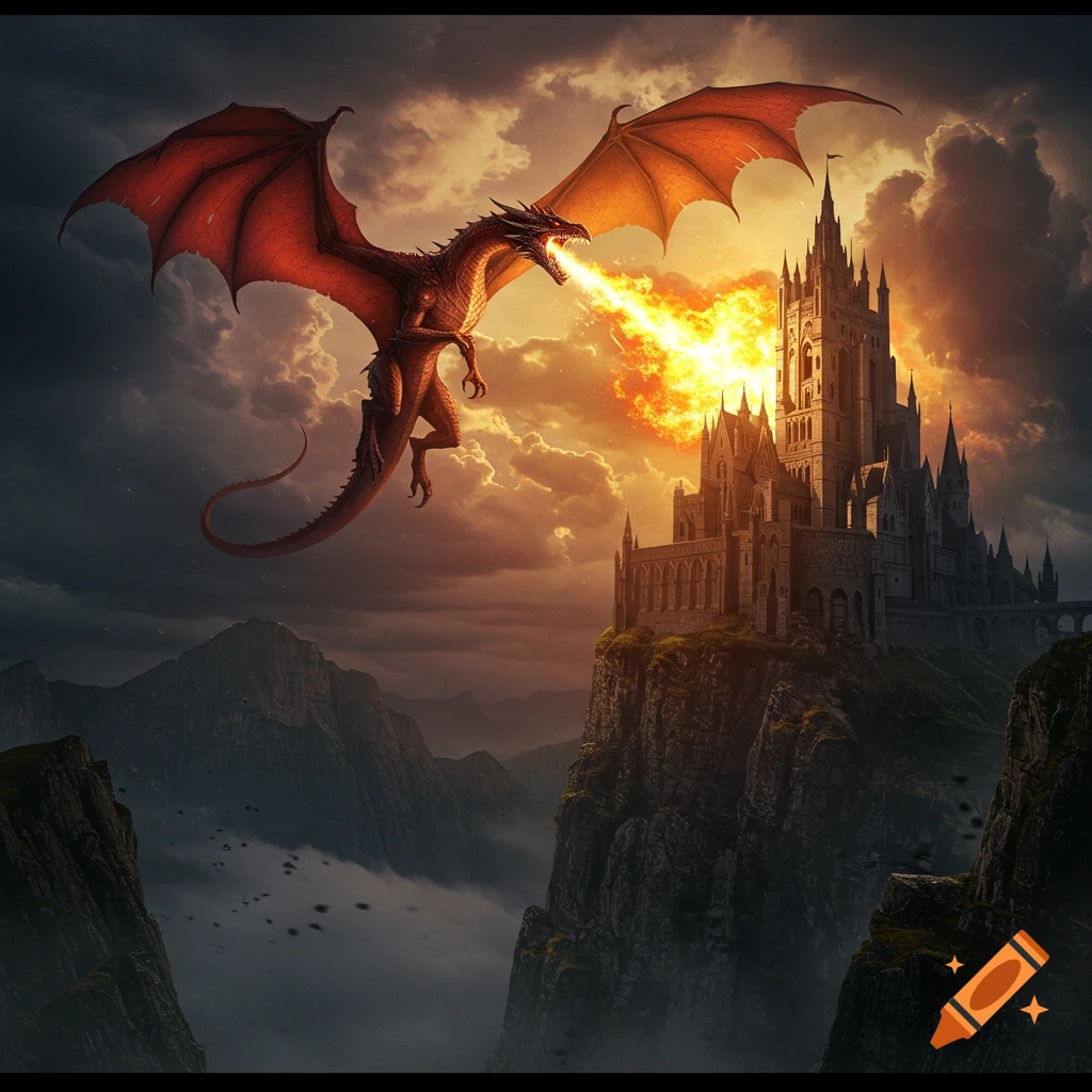 Red dragon breathing fire on a castle on a cliff.