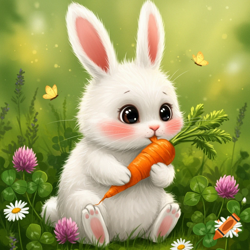 A cute white bunny with big eyes eats a carrot in a field of clover and wildflowers, digital illustration.