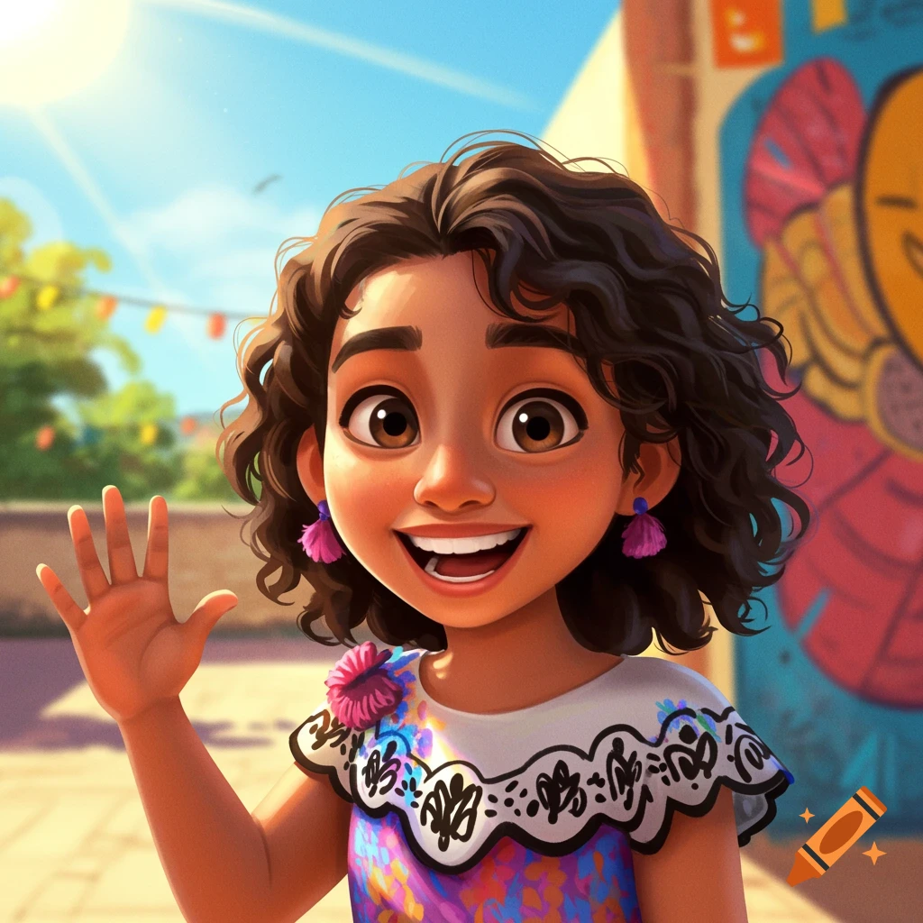 Cartoon portrait of a young girl with curly hair, smiling and waving in front of a colorful mural.
