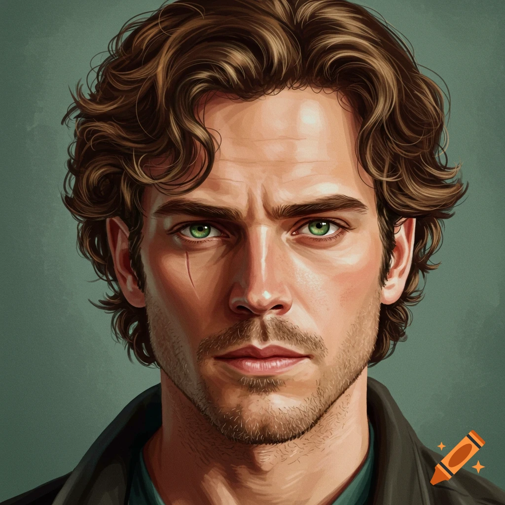 A man's face with green eyes and a scar