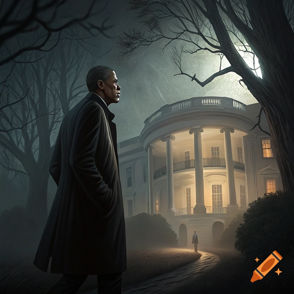 Barack Obama stands before the illuminated White House at night, surrounded by dark trees in an eerie atmosphere.