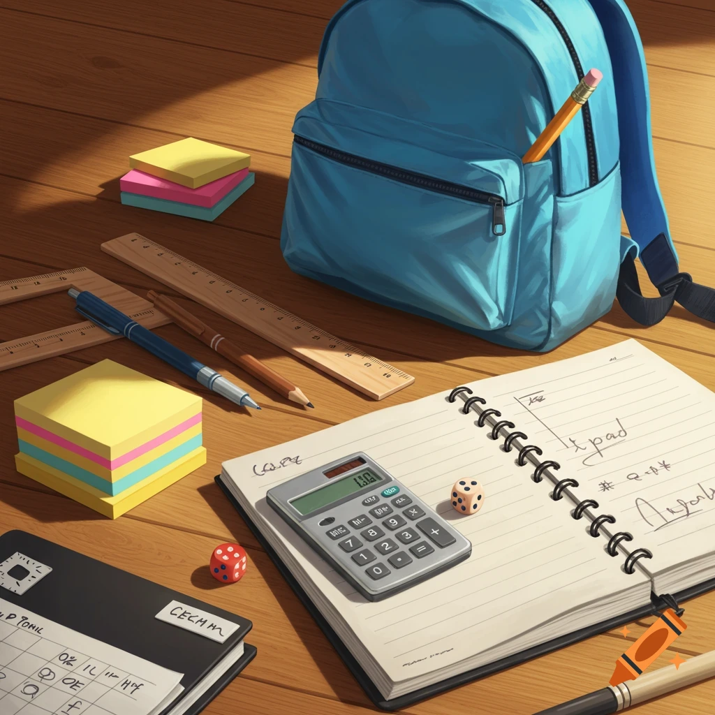School supplies including a blue backpack, notebook, calculator, rulers, pens, pencils, sticky notes, and dice on a wood table.