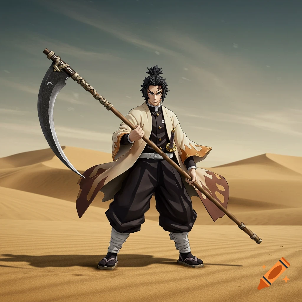 Anime character like from Demon Slayer stands in a desert holding a large scythe.