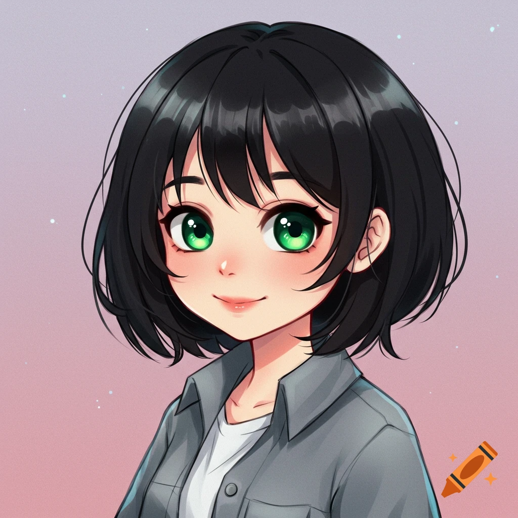 Anime portrait of a girl with short black hair, bright green eyes, wearing a grey jacket over a white shirt.