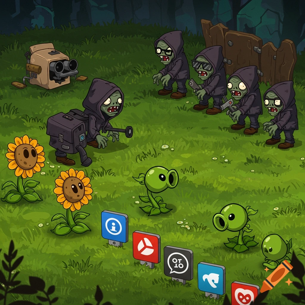 Cartoon scene with zombies, sunflowers, peashooters, and signs on a grassy lawn in the style of Plants vs. Zombies.