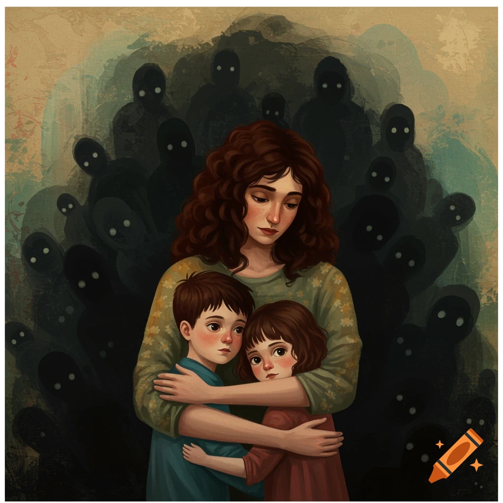 A mother embraces her children, shielding them from dark shadowy figures with glowing eyes, in a surreal scene.