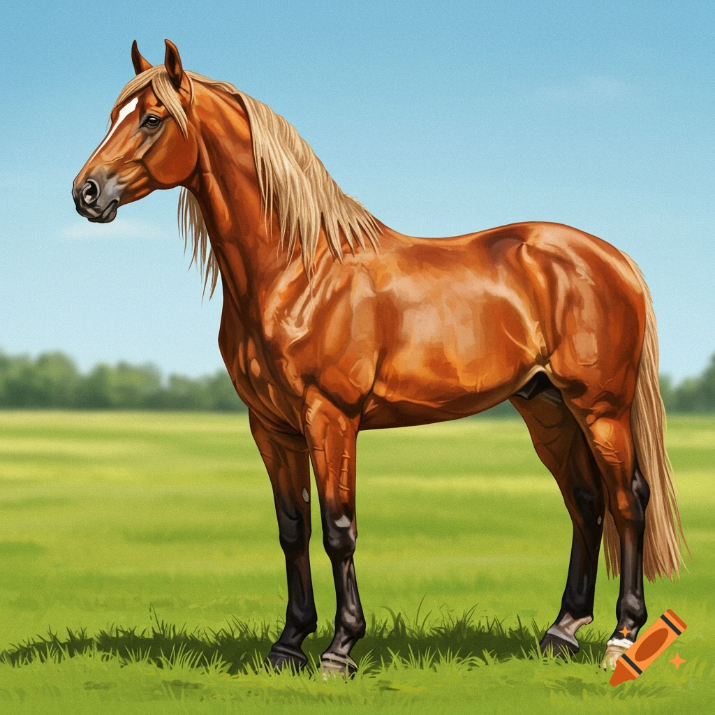 A brown horse stands in a grassy field under a blue sky.