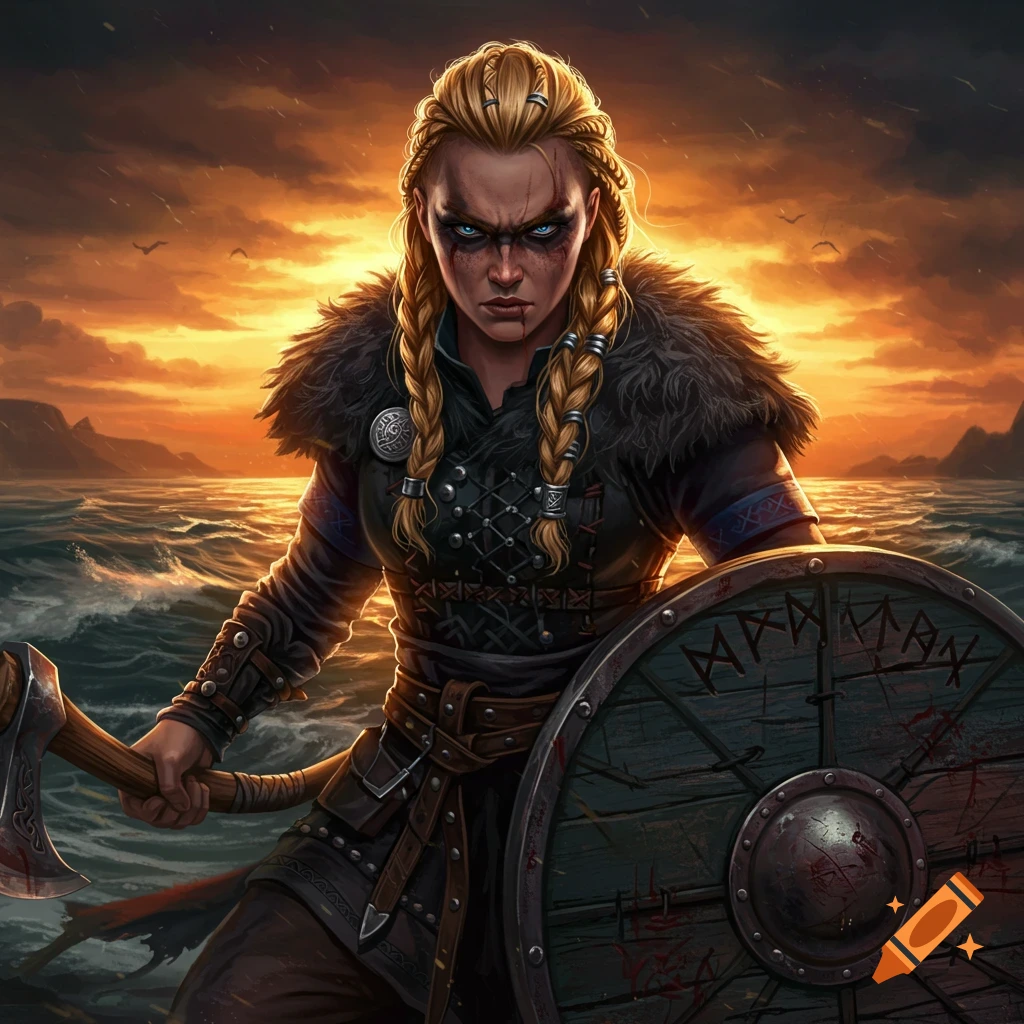 Female Viking warrior with an axe and shield at sunset.