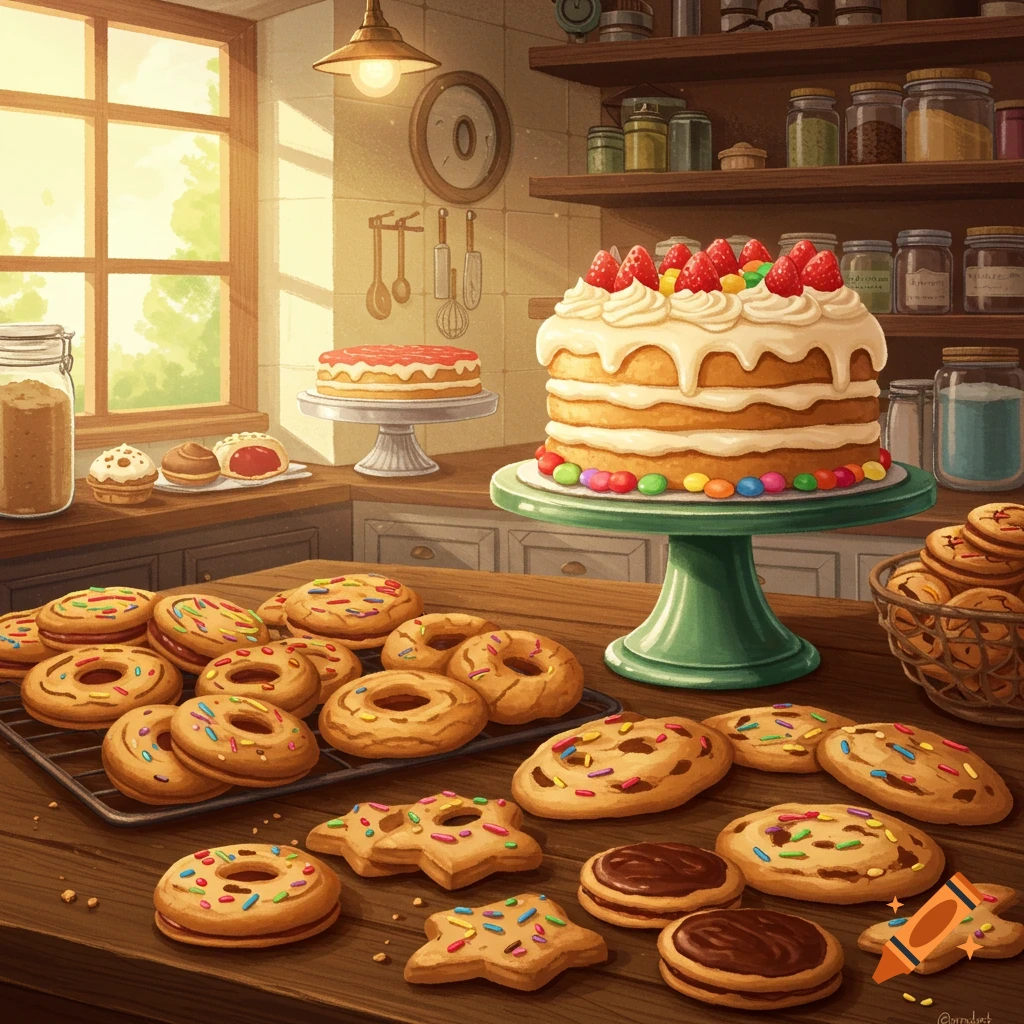 A spread of cookies and cake on a wooden counter in a sunny kitchen.