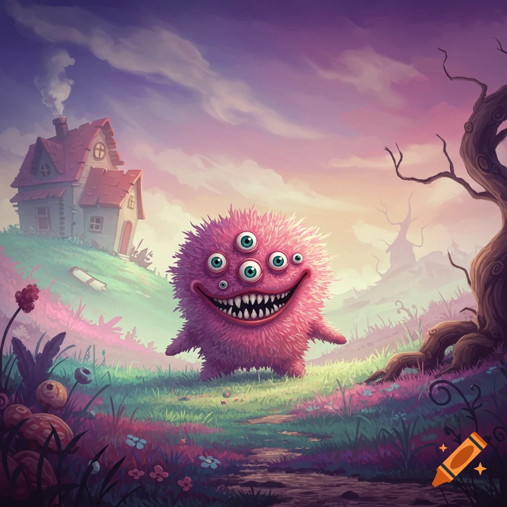 A pink fluffy monster with multiple eyes smiles in a colorful, surreal fantasy landscape with houses and trees.