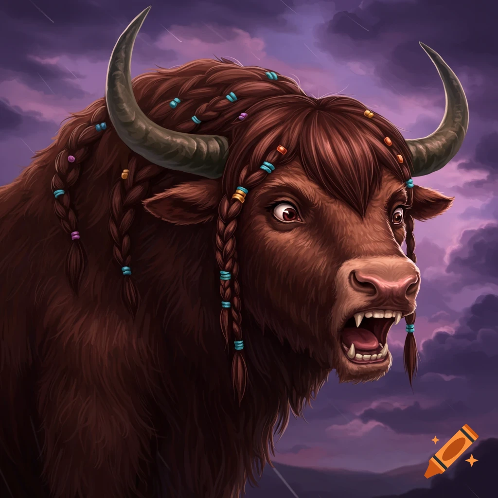 A fine-coiffed yak or bull with braids and beads screams against a stormy sky.