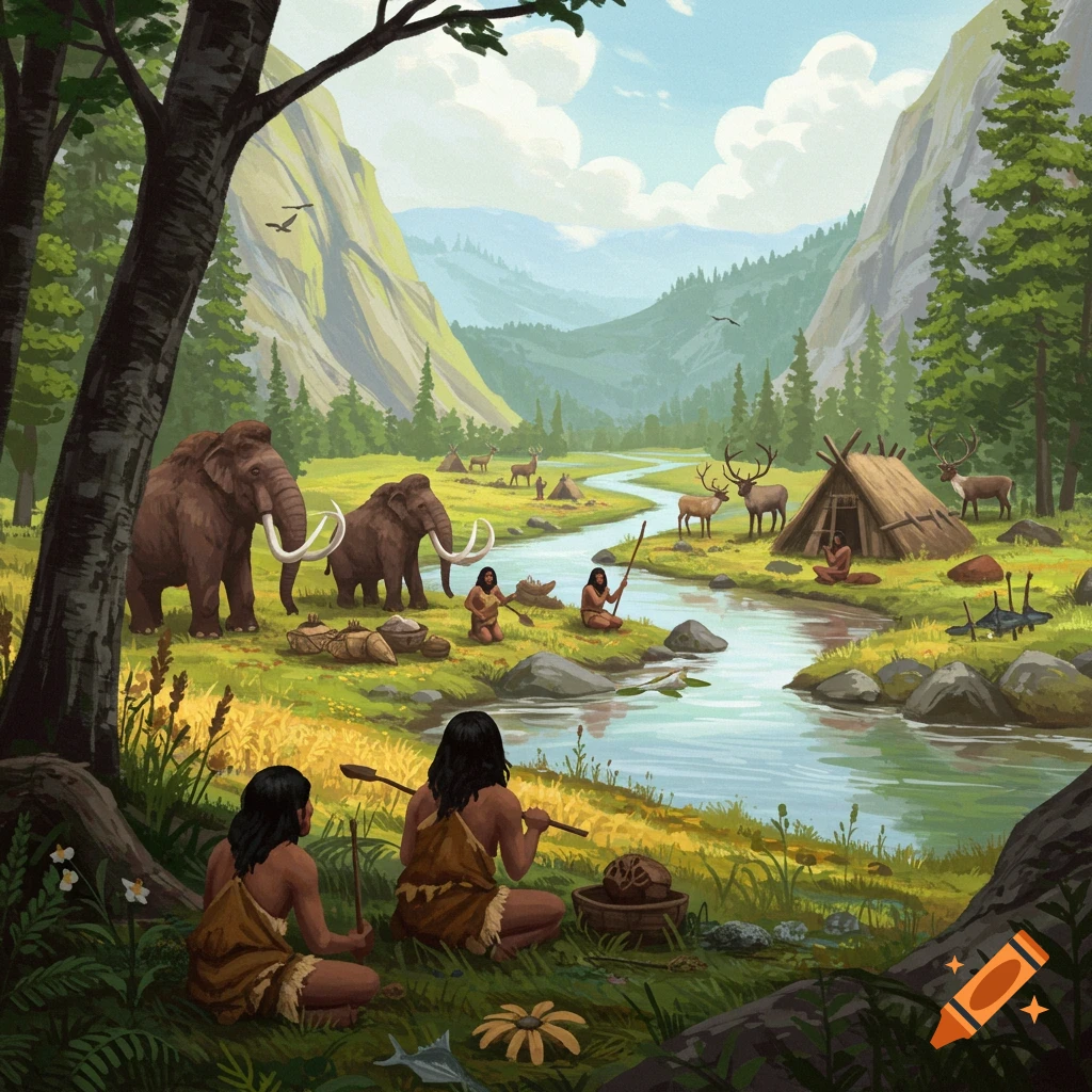 Prehistoric humans, mammoths, and deer by a river in a mountain valley.