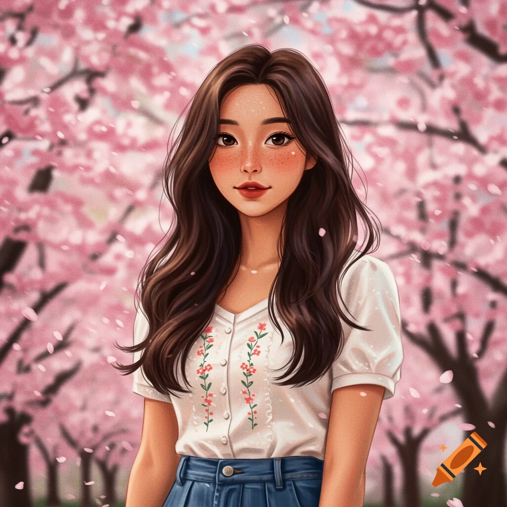 A girl with brown hair in a white blouse in a cherry blossom garden.