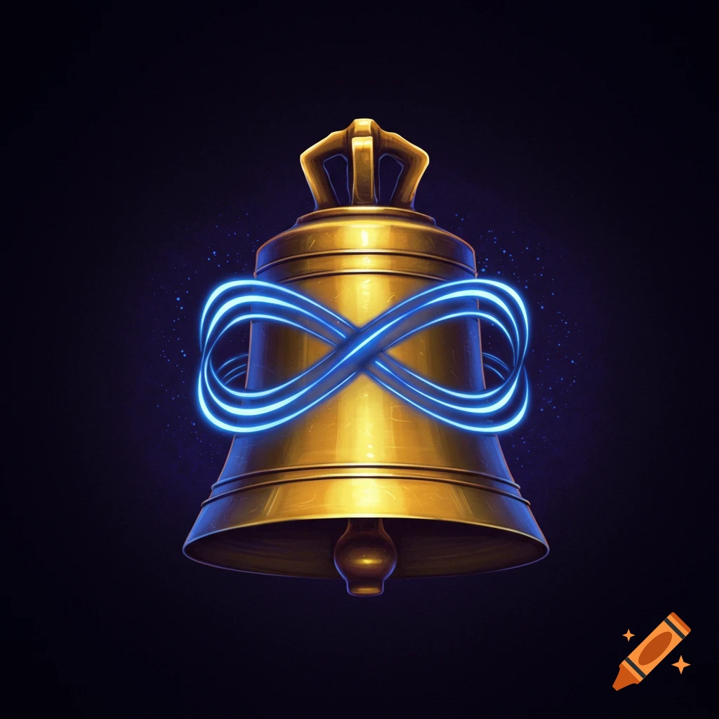 A golden bell with a glowing blue infinity symbol on a dark background.