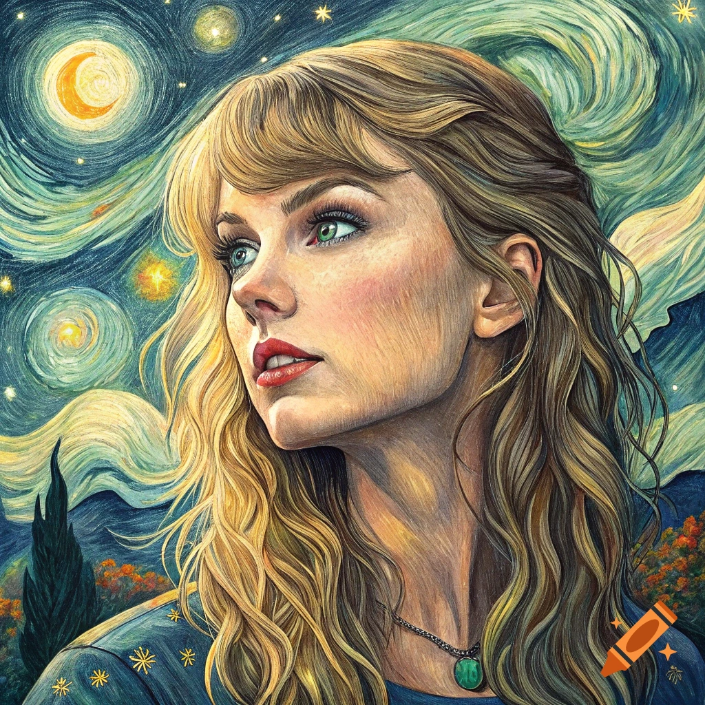 Portrait of Taylor Swift in the style of Van Gogh's Starry Night.