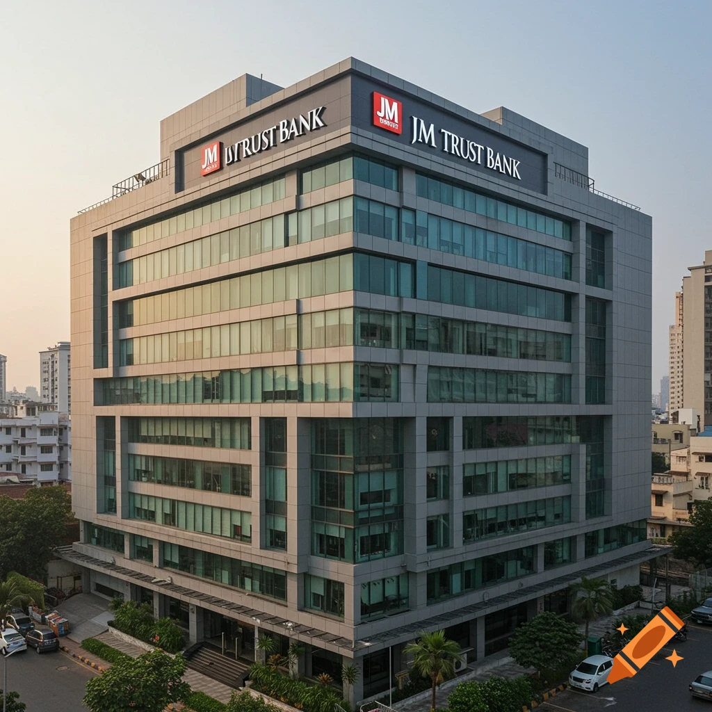 A modern glass building with the text 'JM Trust Bank' on the facade, seen from an elevated angle.
