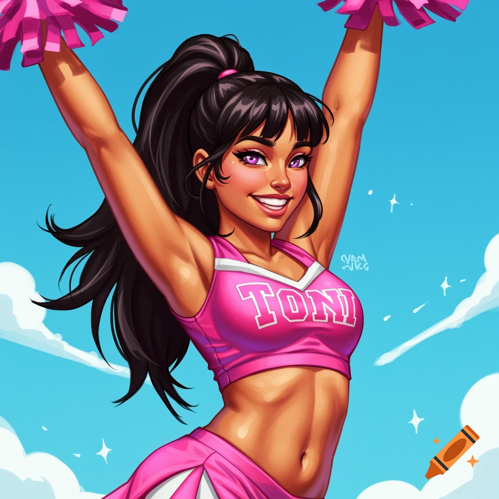 A smiling cheerleader in a pink uniform with pom-poms raised against a blue sky.