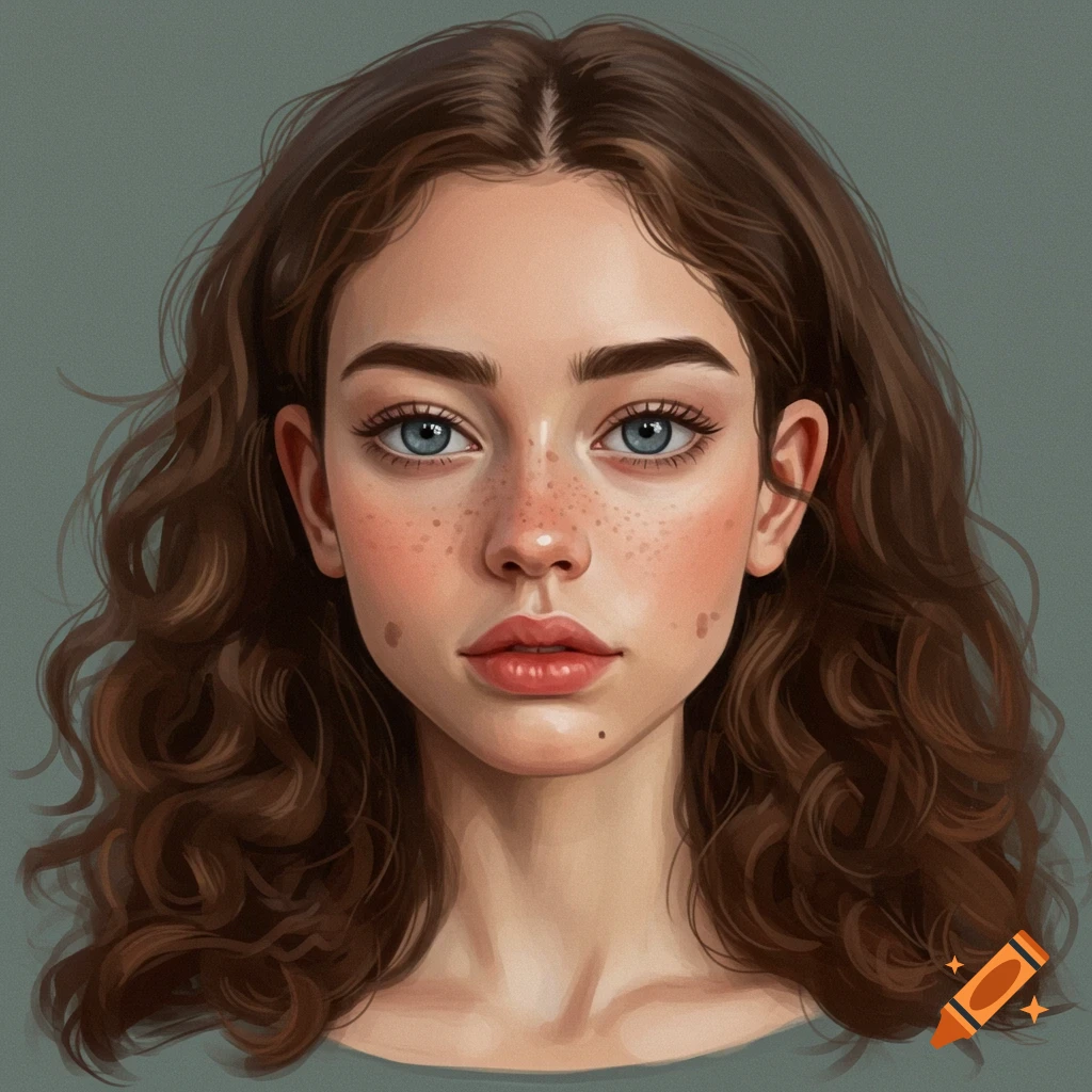 A young woman's face with brown curly hair, blue eyes, and freckles.