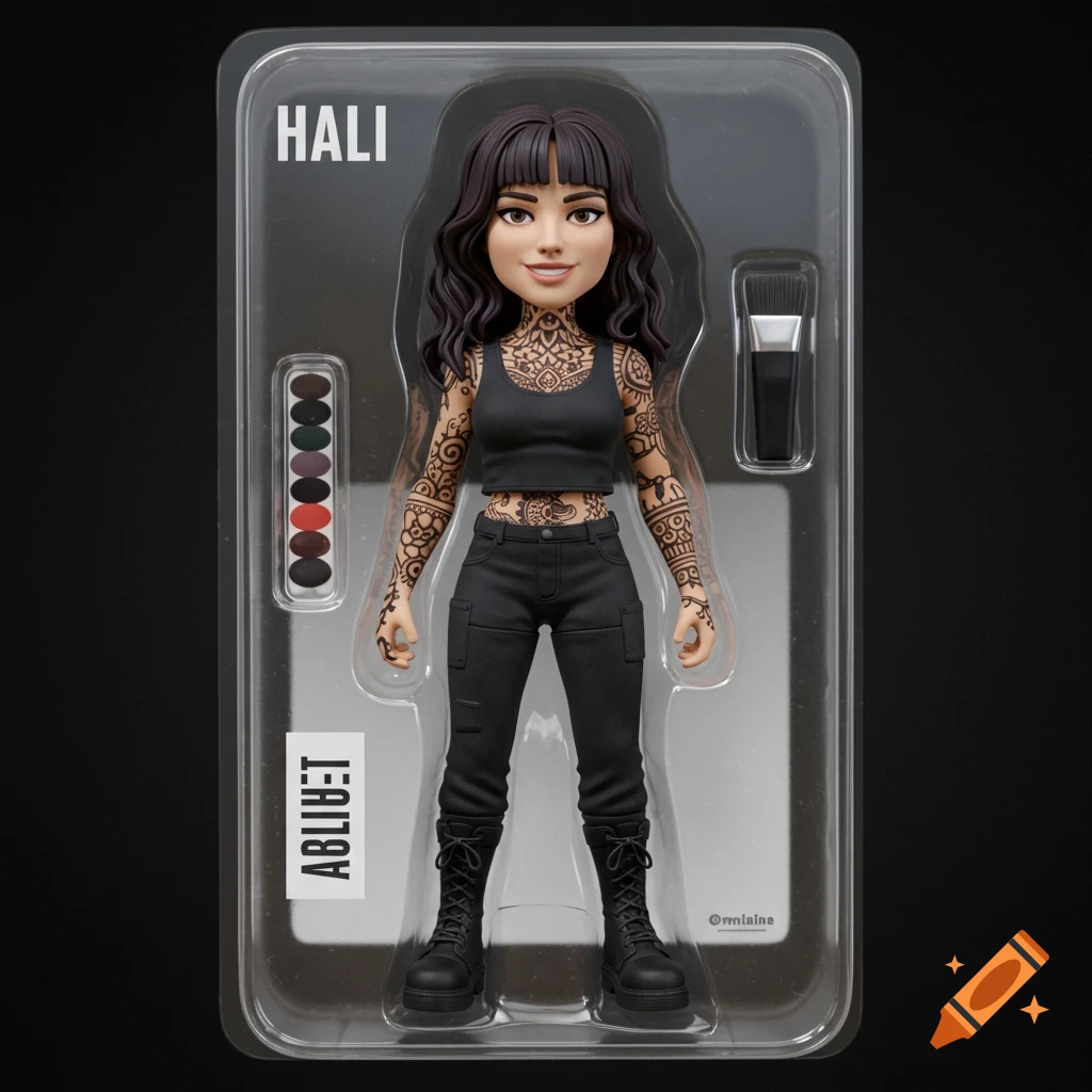3D action figure of a woman with tattoos in clear plastic packaging.