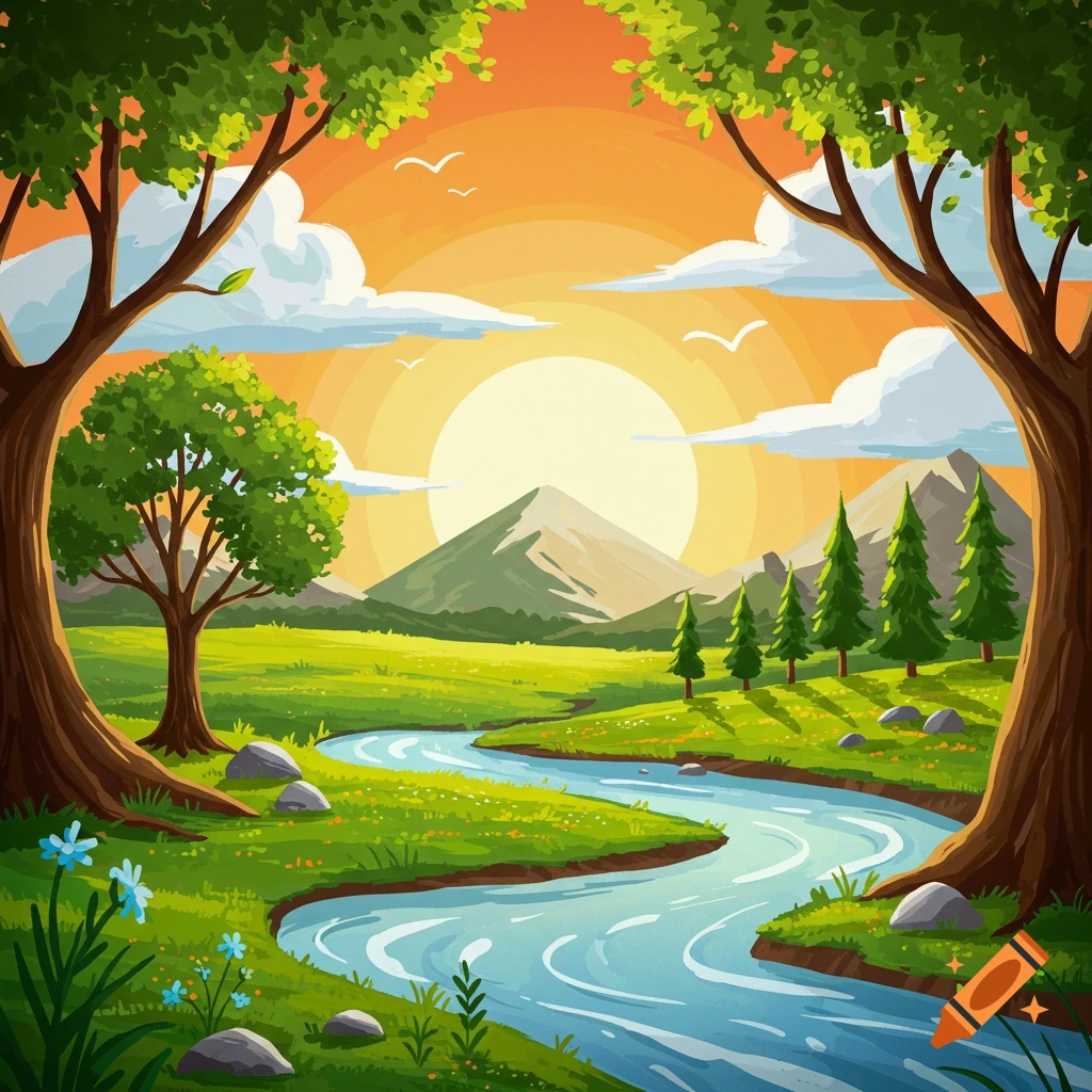 A river flowing through a valley with trees, mountains, and a bright sun.
