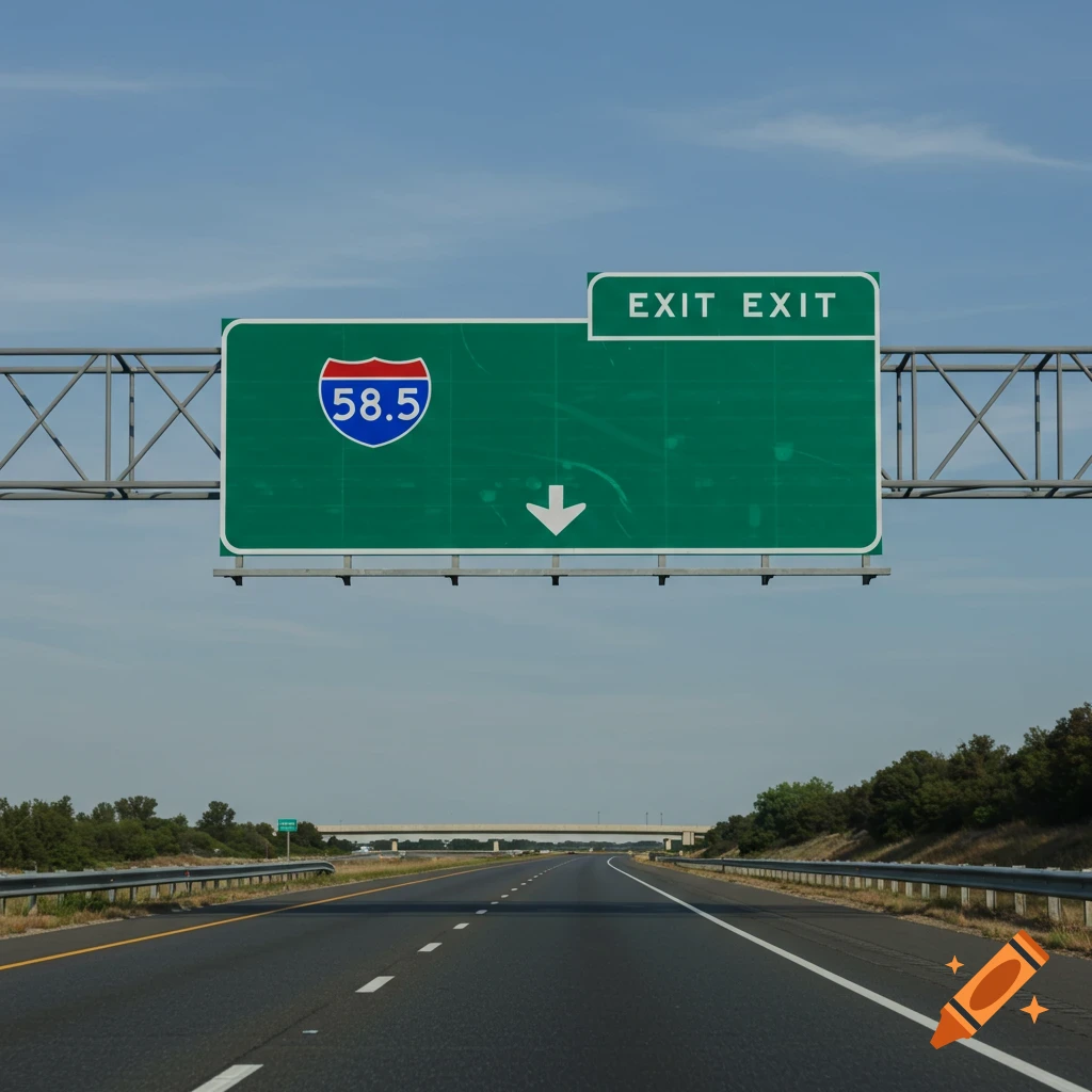 A green highway sign above a road shows a shield with 58.5 and the words EXIT EXIT with a downward arrow.