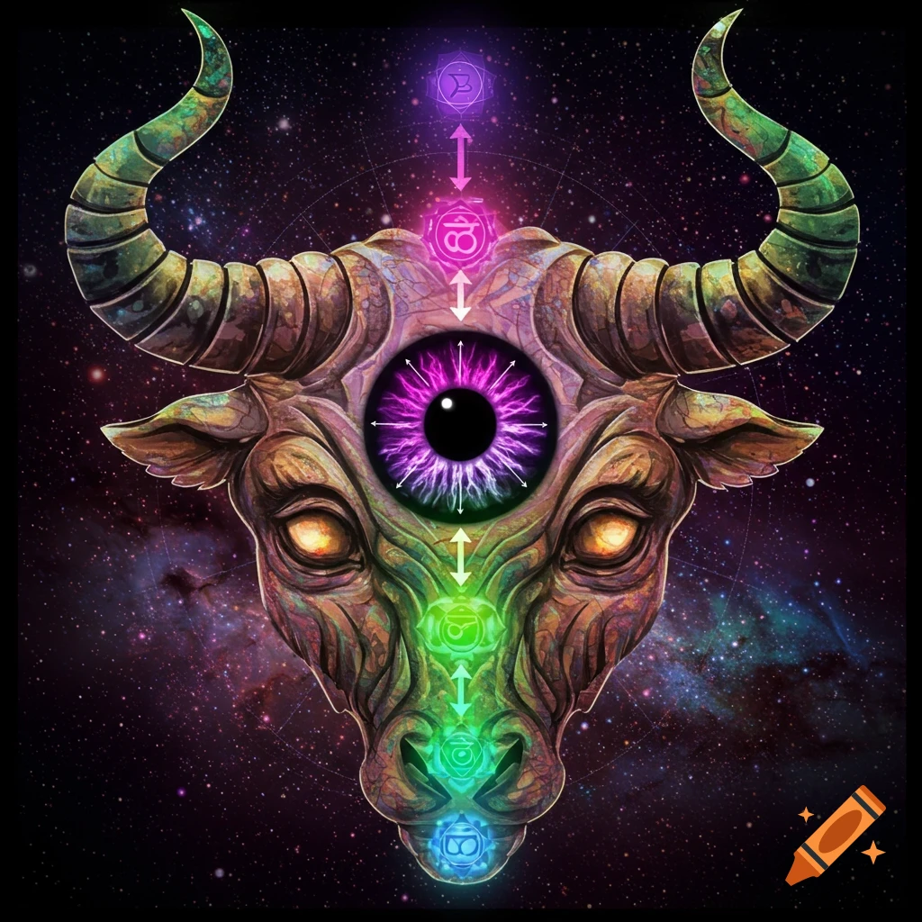 Detailed, vibrant illustration of a stylized bull's head with a large central eye, connected by directional arrows to colorful chakra symbols, set against a starry cosmic background.