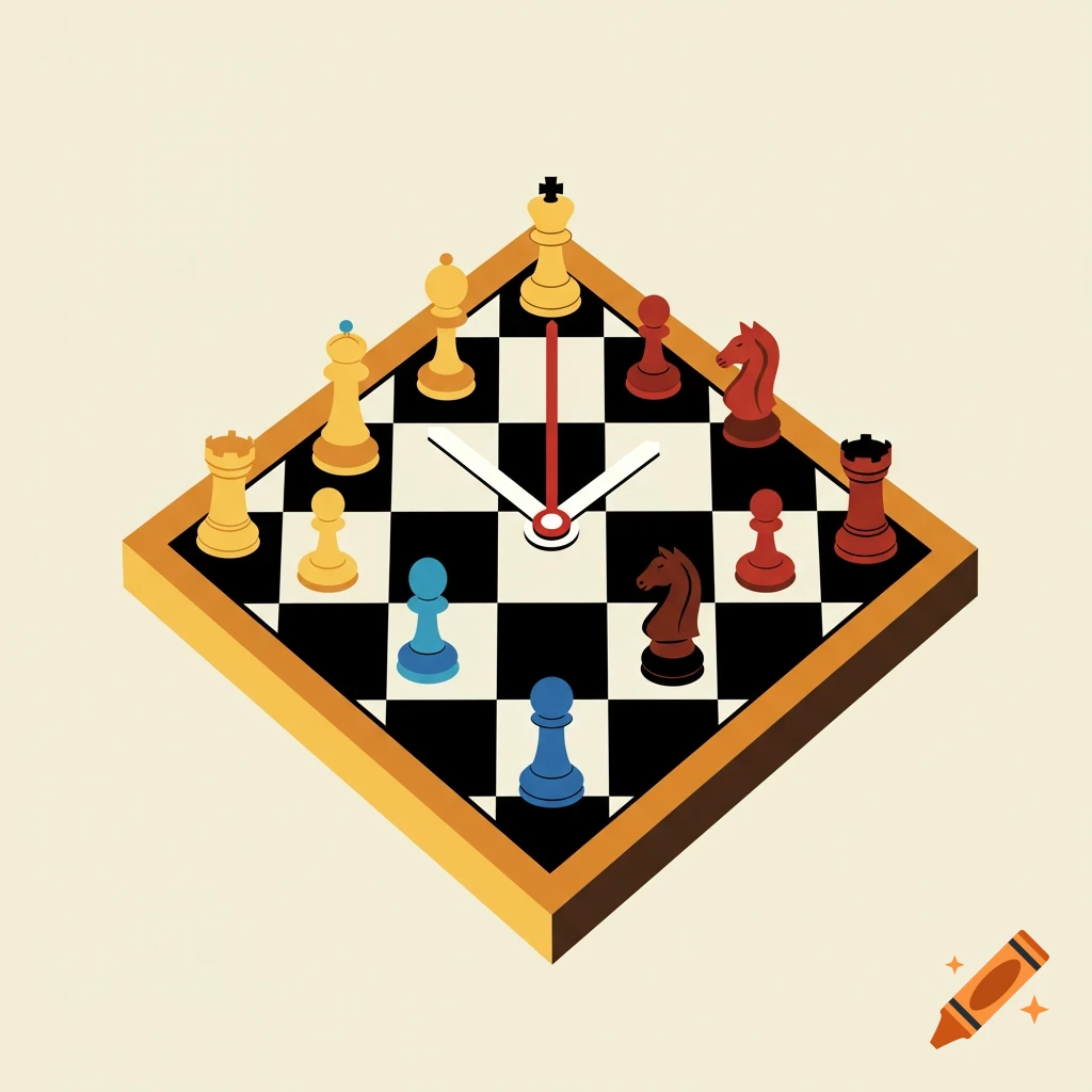A surreal image of a chessboard combined with a clock in a minimal vector art style.