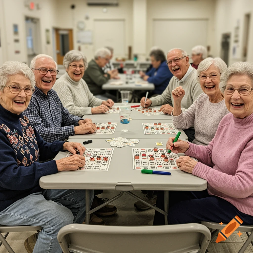 A group of smiling seniors playing bingo at a table.