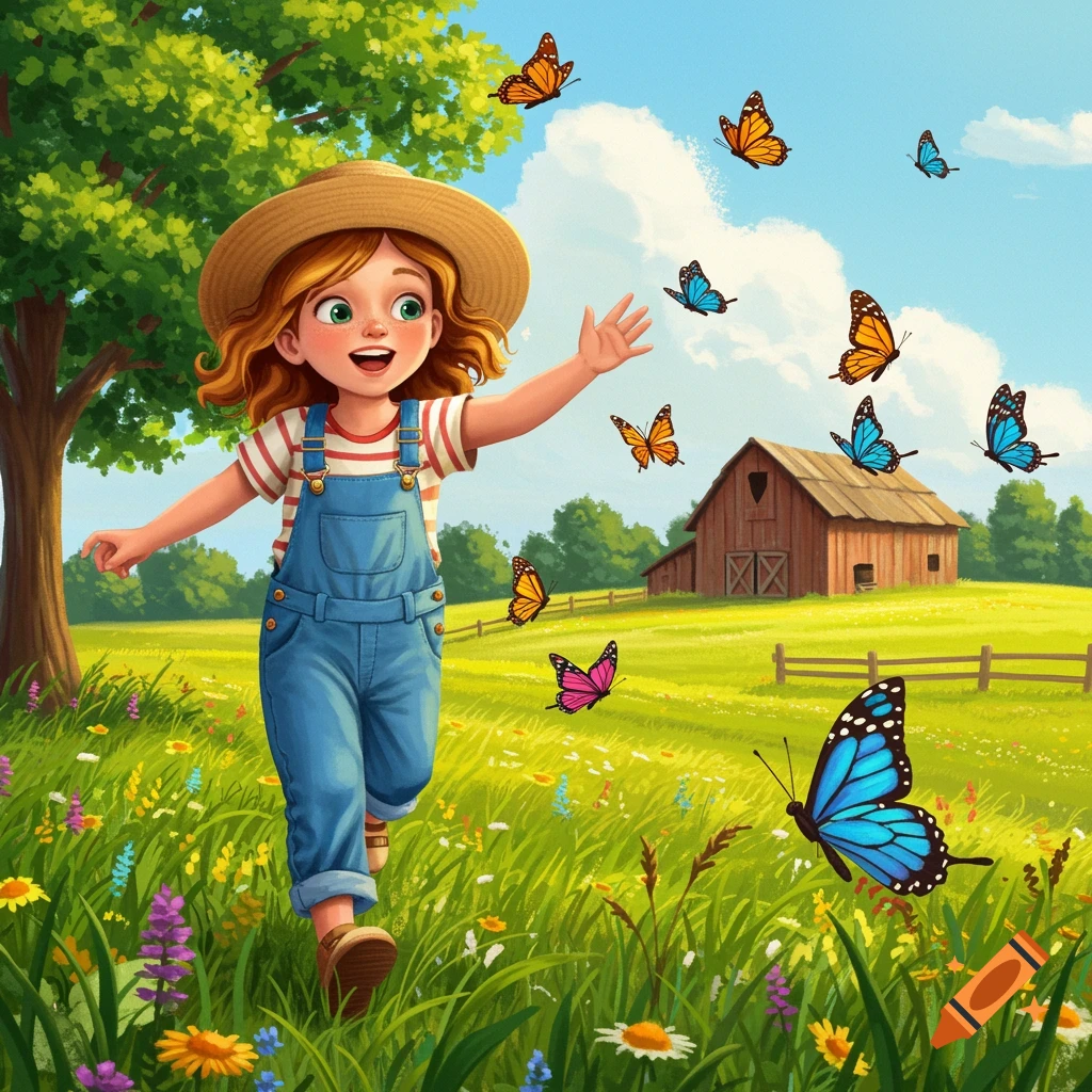A girl in overalls chases butterflies in a sunny farm field.