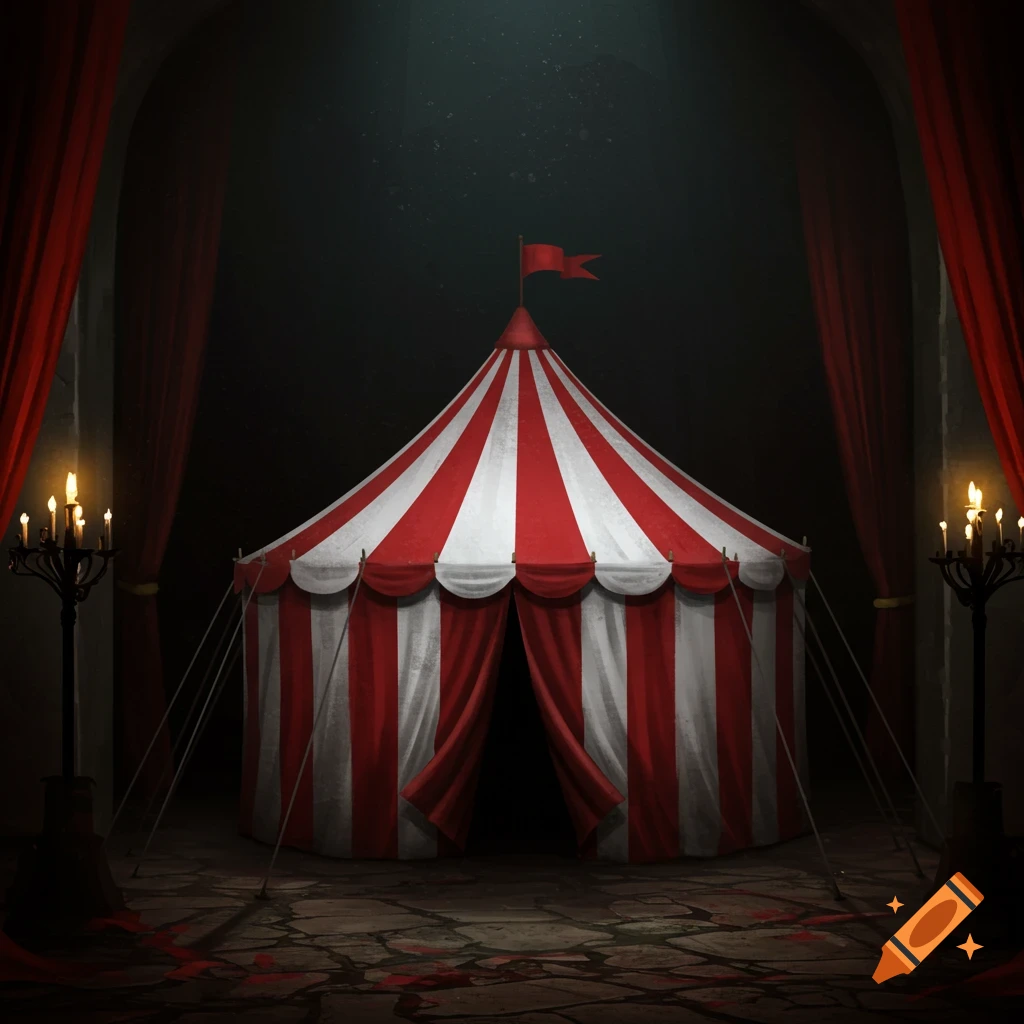 A mysterious red and white striped circus tent in a dark, moody setting with red curtains and candelabras.