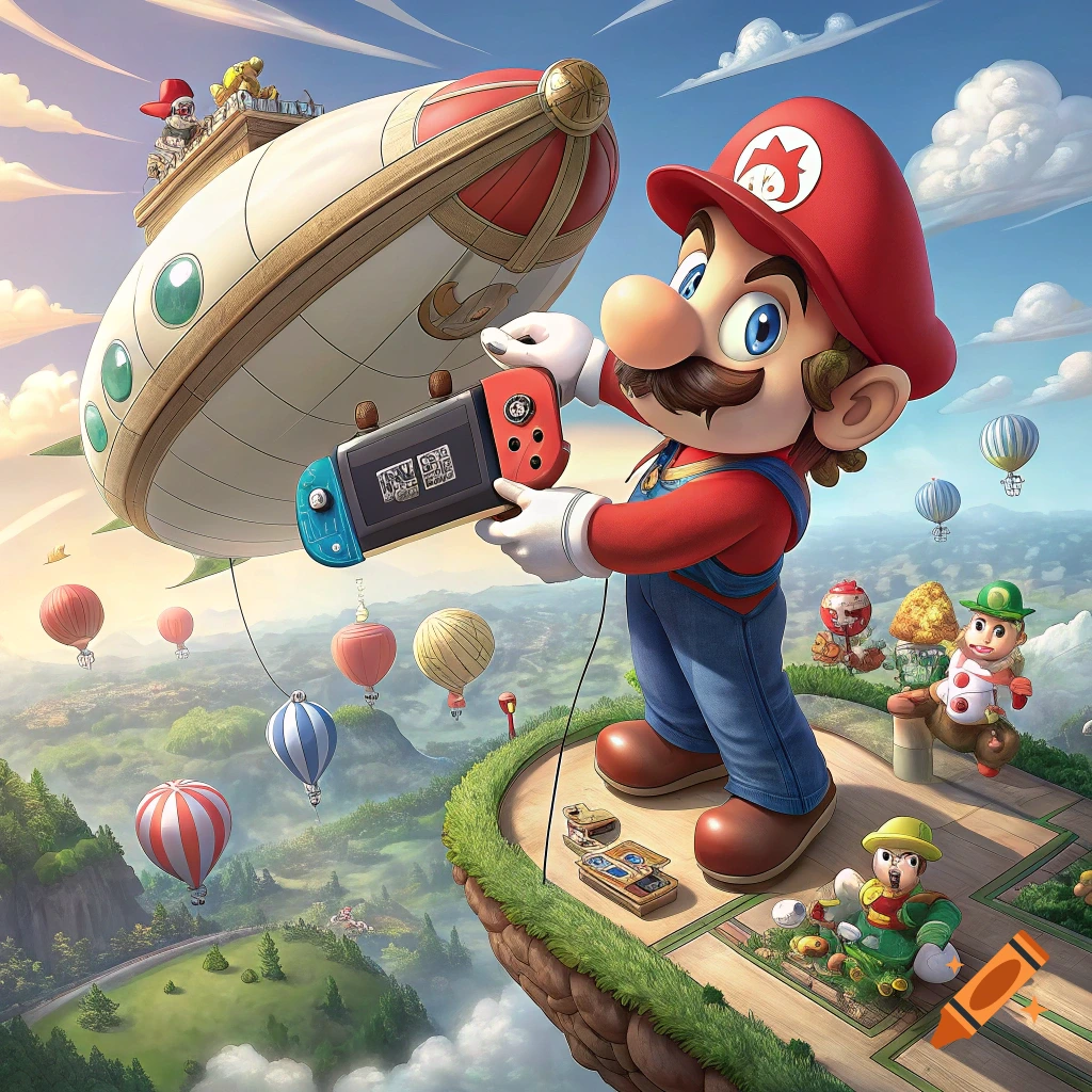 Mario holds a handheld device on a floating platform next to an airship, with hot air balloons and characters.