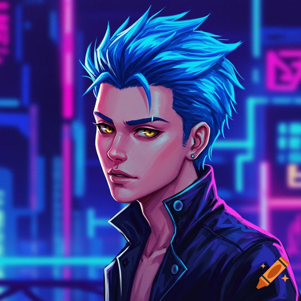 A character with blue spiky hair, glowing yellow eyes, and black jacket in a cyberpunk neon city.