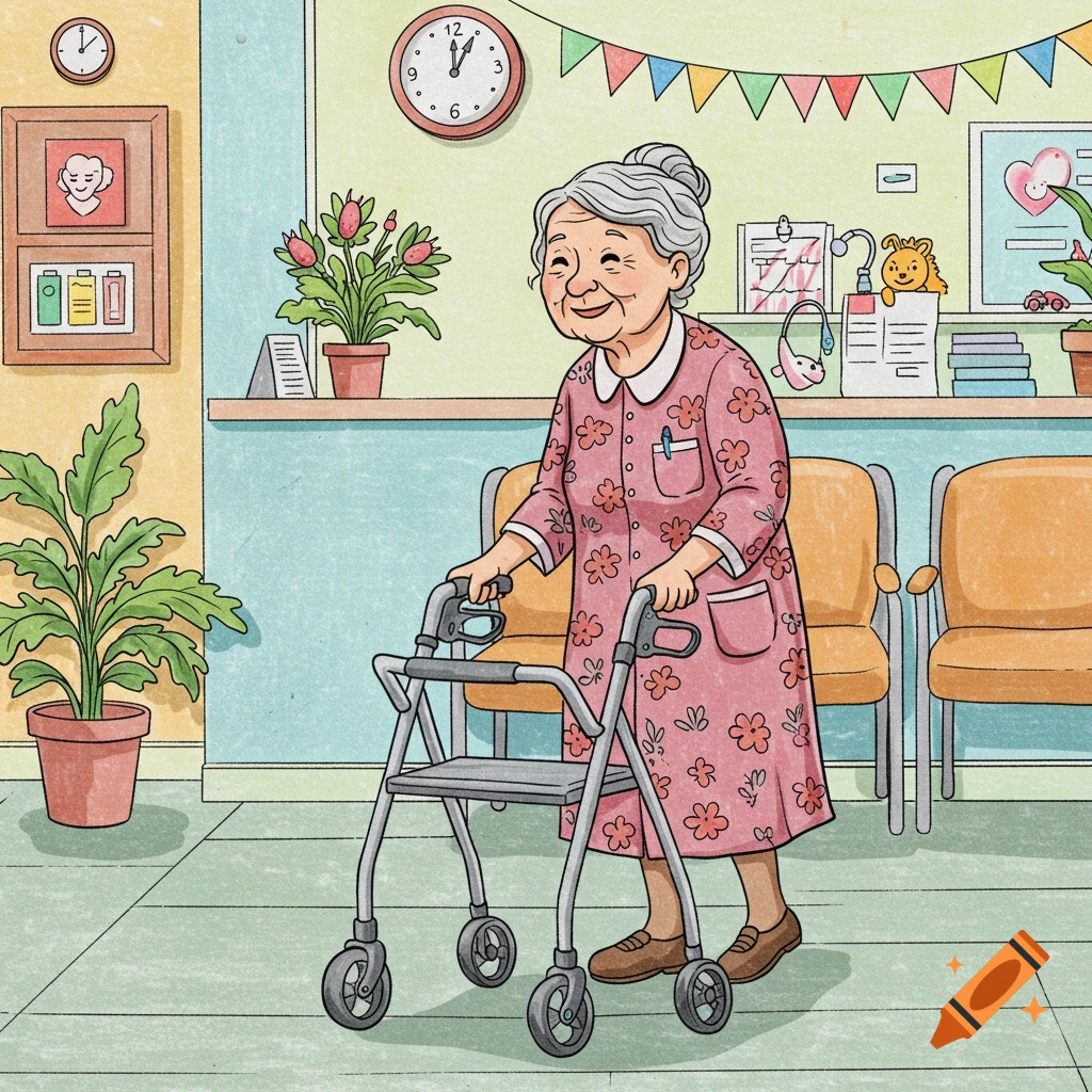 Coloring book illustration of an old lady using a walker in a doctor's office waiting room.