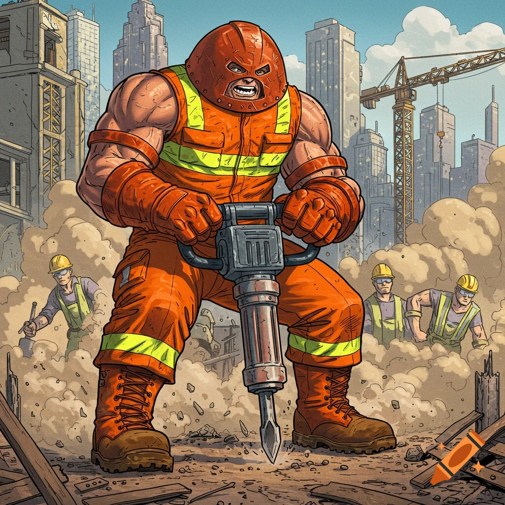 Juggernaut in construction gear uses a jackhammer amidst dust and debris.