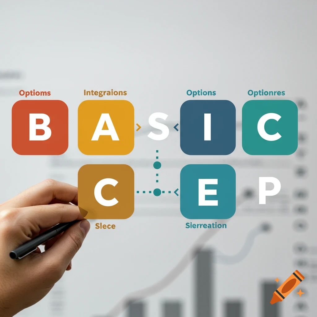 A hand points at a graphical diagram showing colored squares with letters B, A, S, I, C, C, E, P and connecting lines, with text labels.