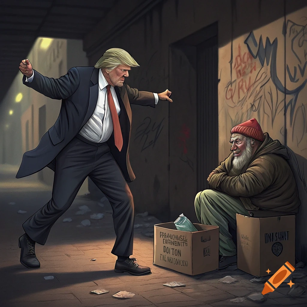 Donald Trump floss dances in front of a homeless man sitting by boxes in a dark alleyway.