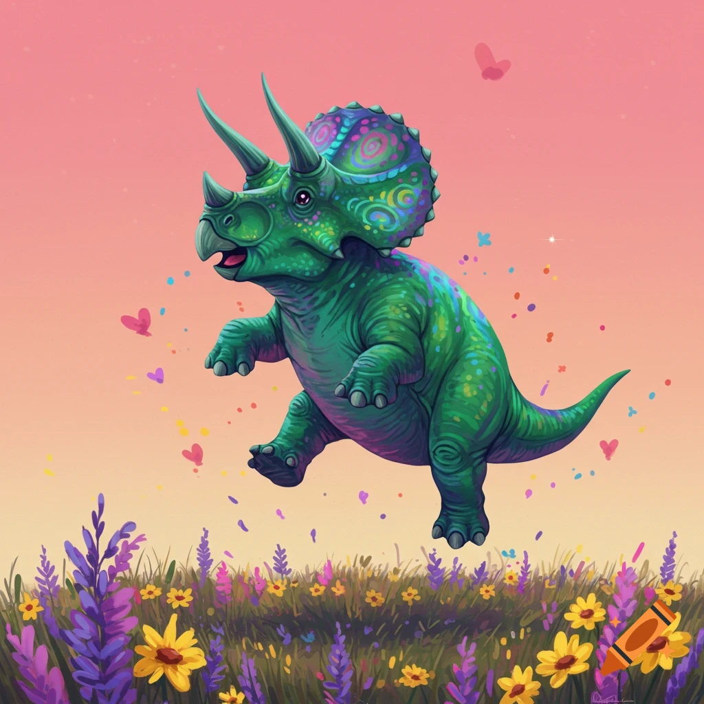 A cute green triceratops floats over a field of purple and yellow flowers.