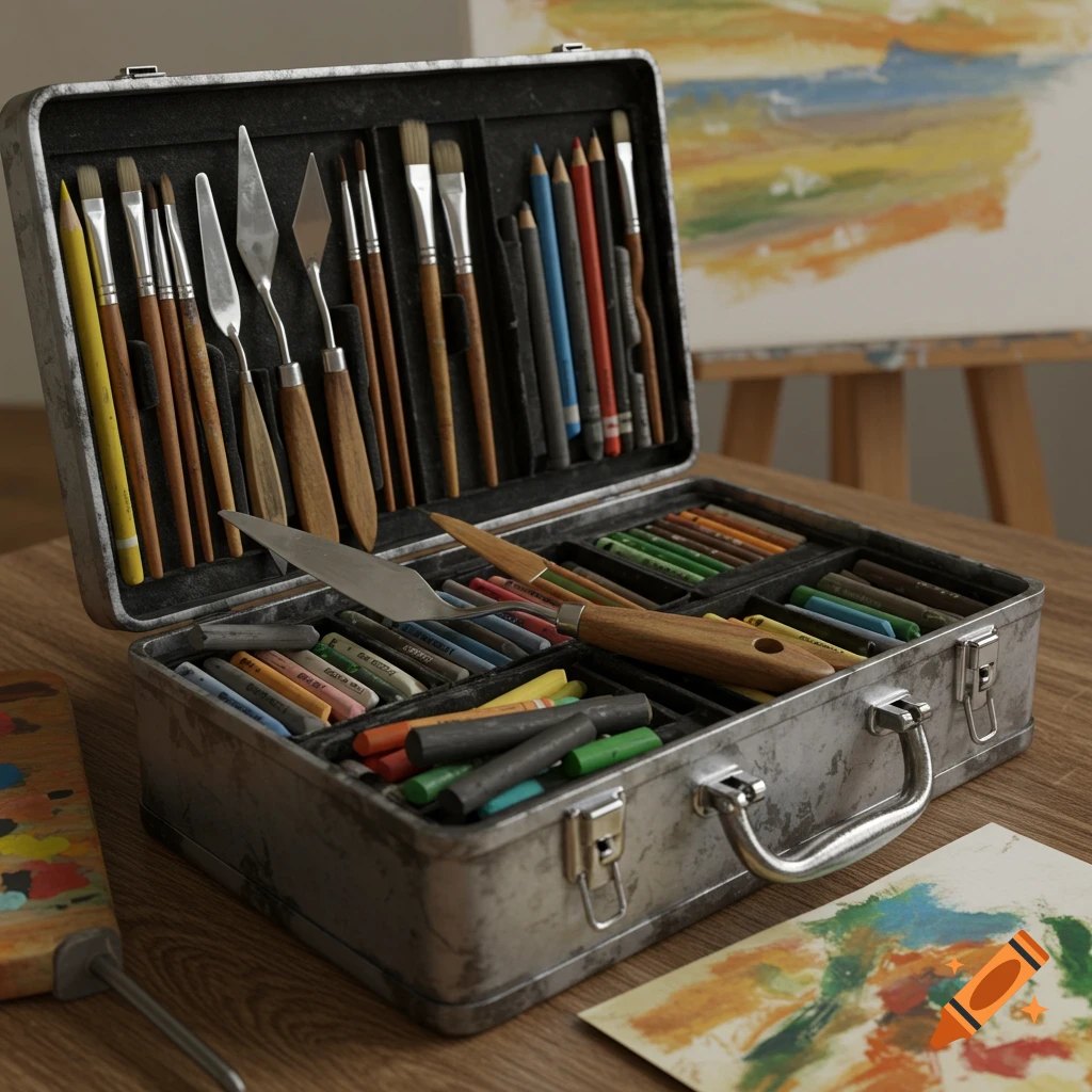 An open metal artist's toolbox filled with paint brushes, palette knives, pencils, and pastels, set on a wooden table next to an easel.