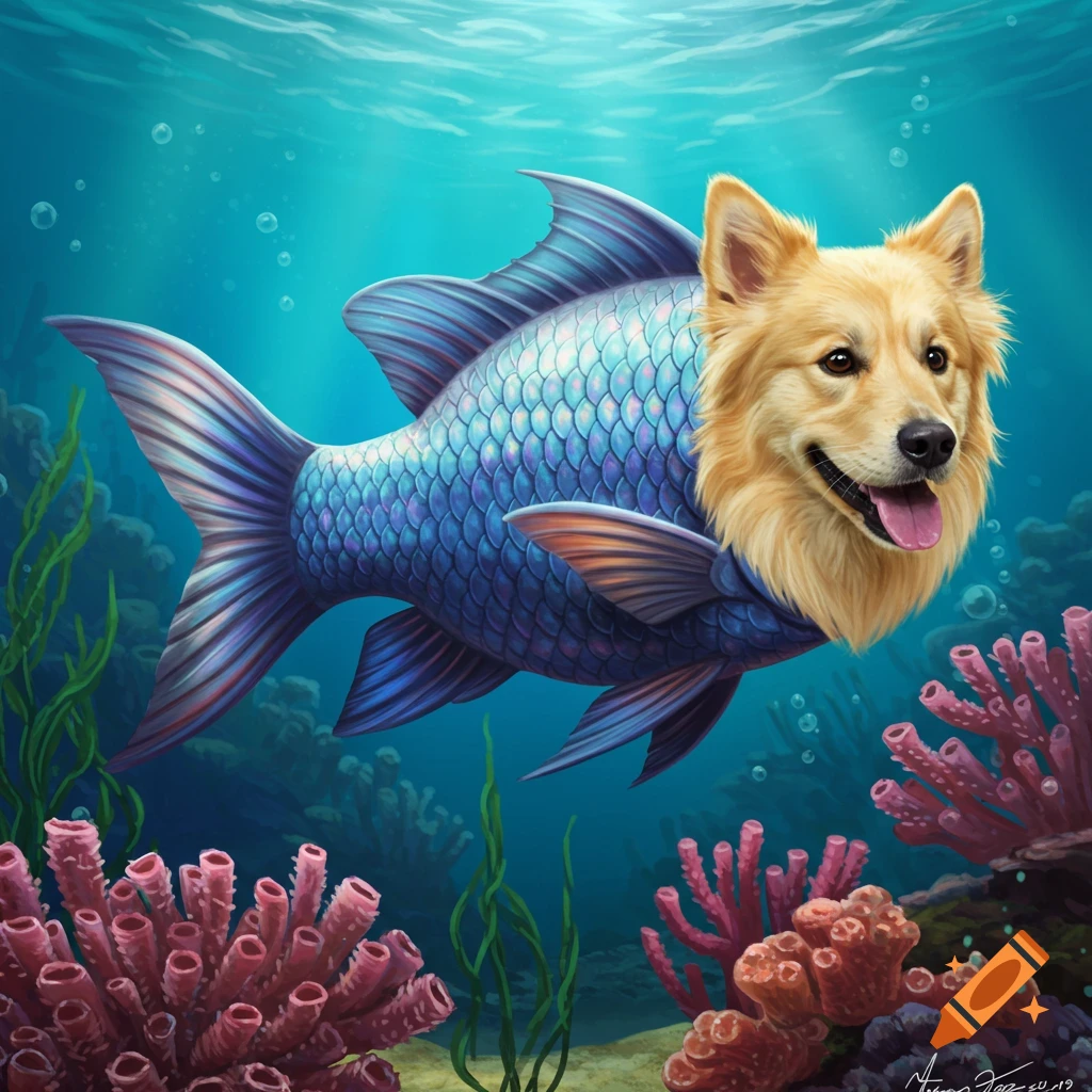 A creature with a dog head and fish body is swimming underwater among coral.